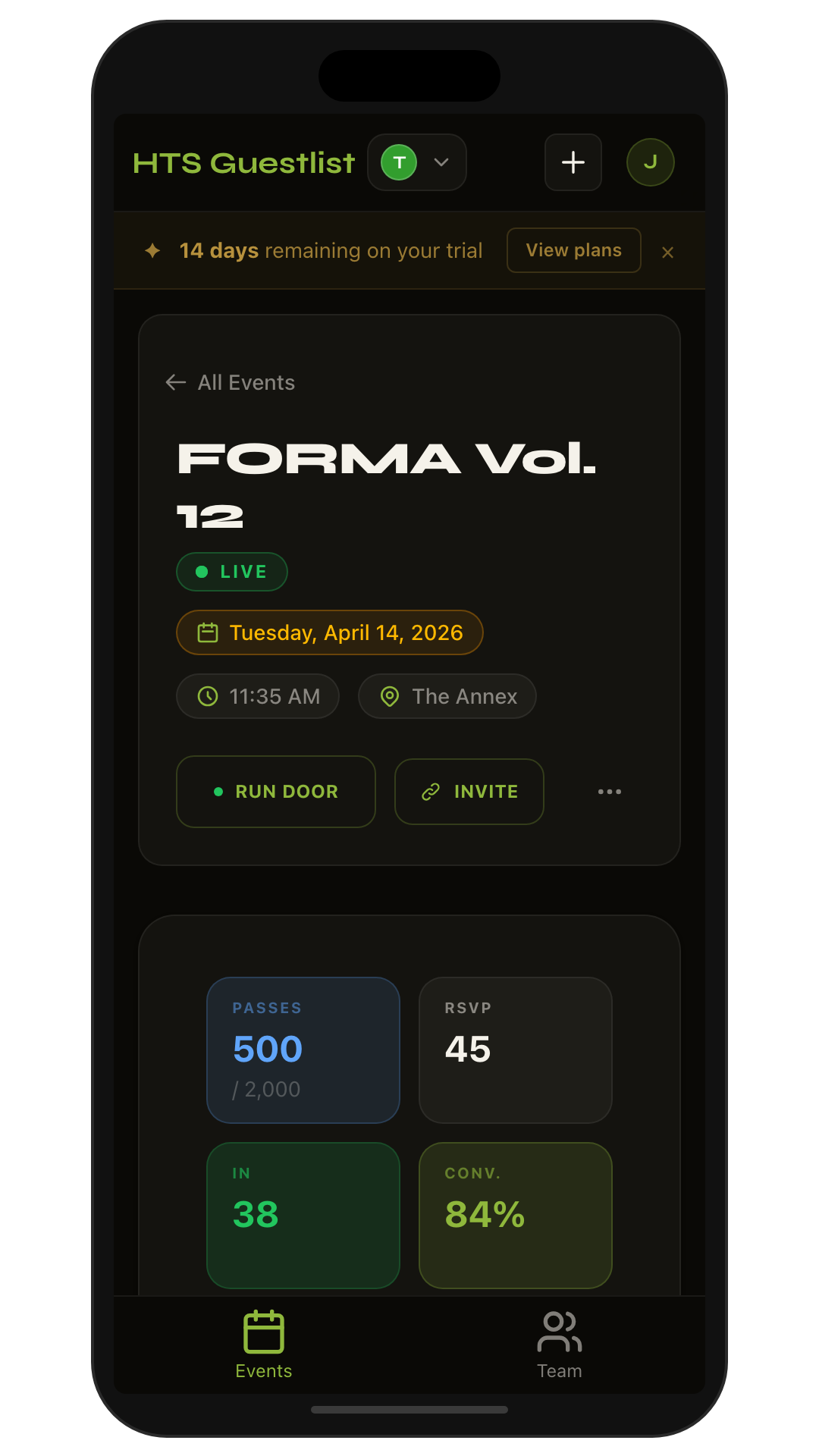 Event stats with sparkline and metrics
