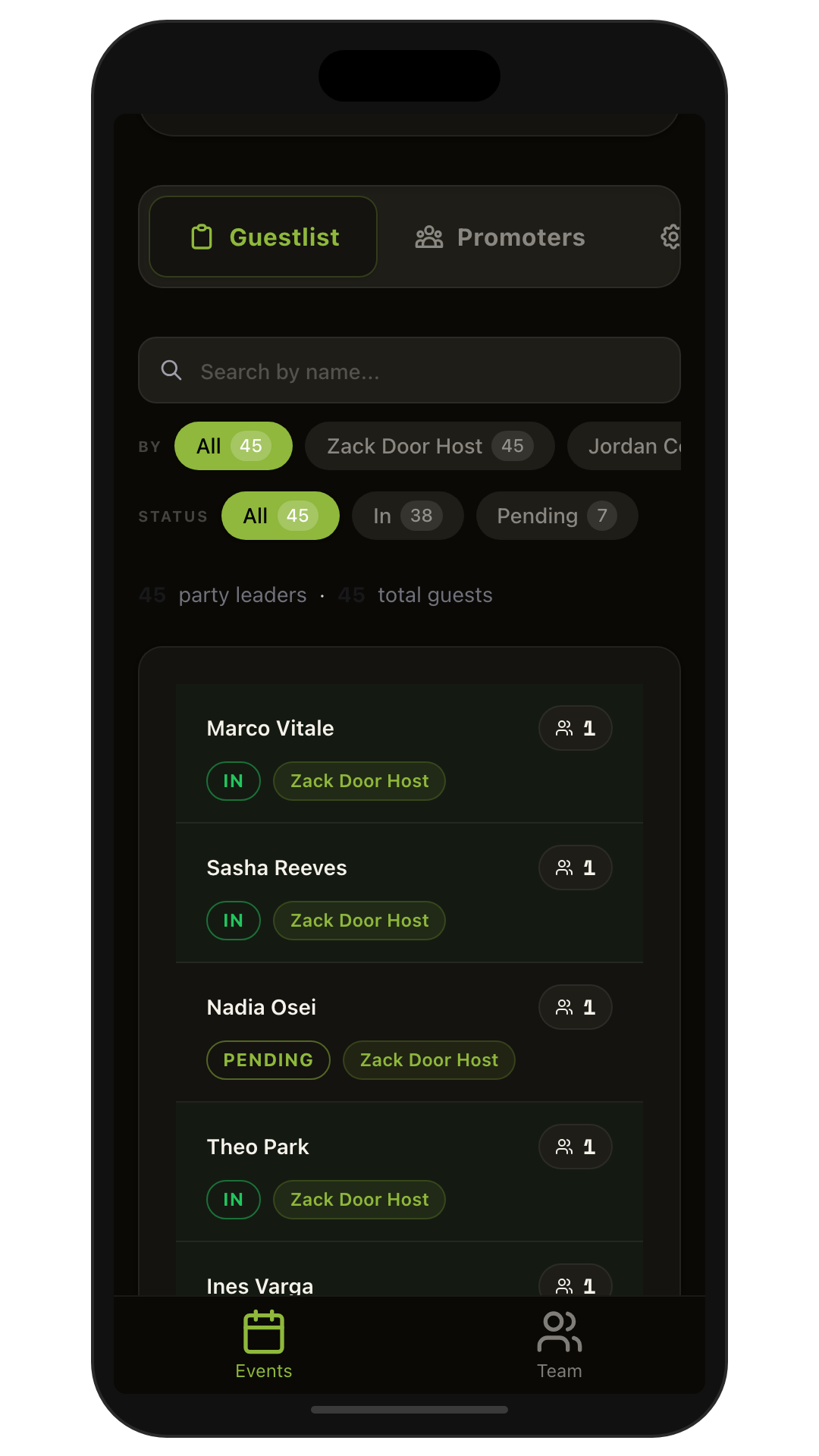 Live guest list with check-in statuses